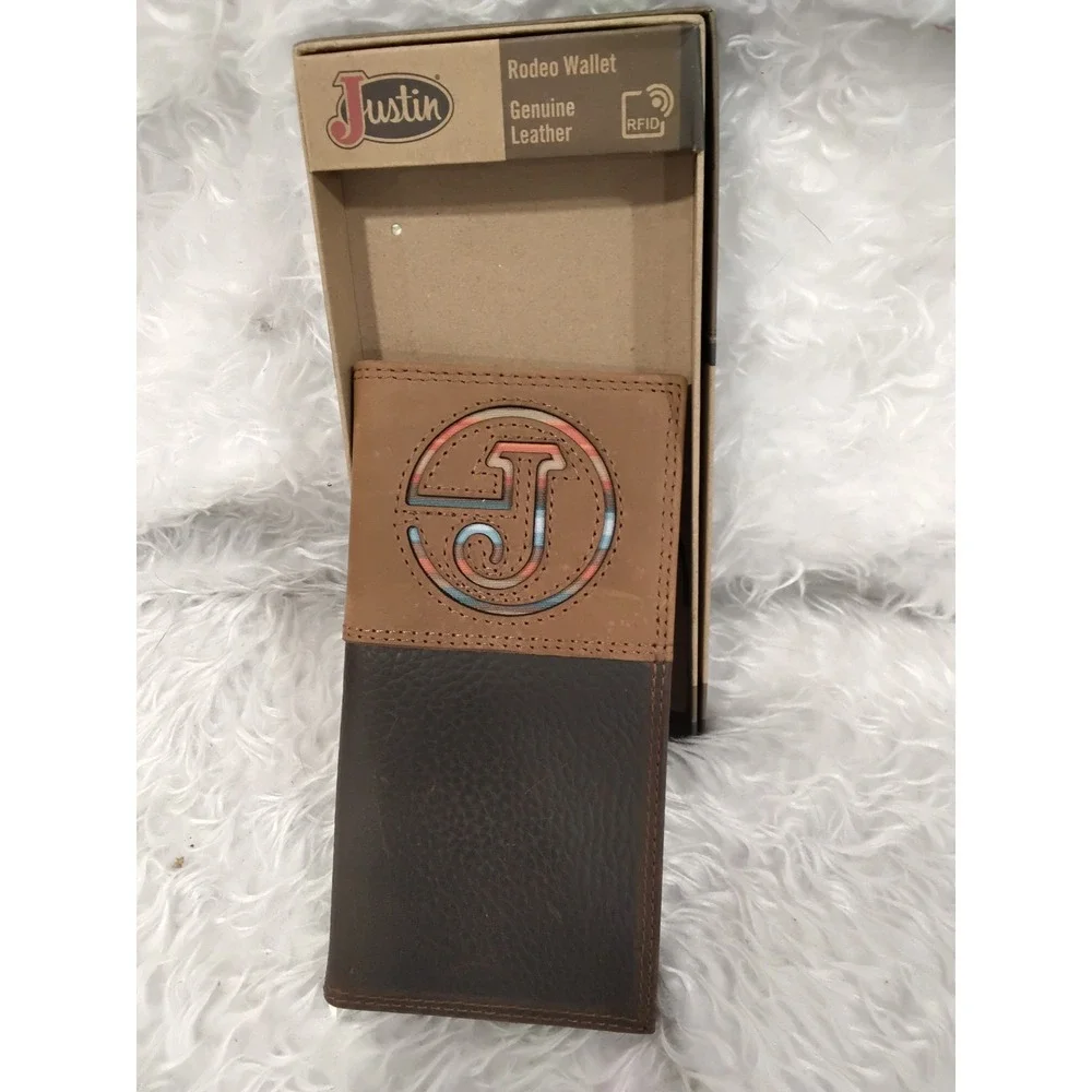 Justin Mens Rodeo‎ Wallet Genuine Leather RFID Brown Tan Embossed J Logo